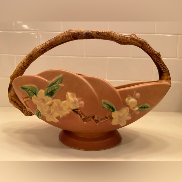 Vintage Roseville Ceramic‎ Pottey Basket Apple Blossom Pattern Branch Handle
